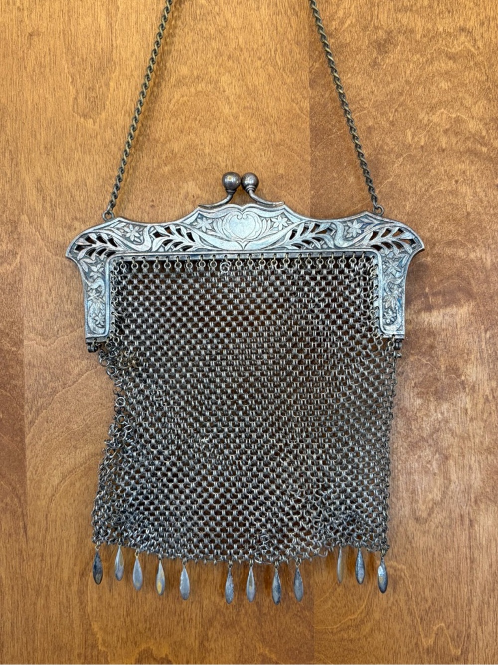 Antique Victorian 1910s German Silver Alloy Chain Mail Mesh Kisslock Evening Bag